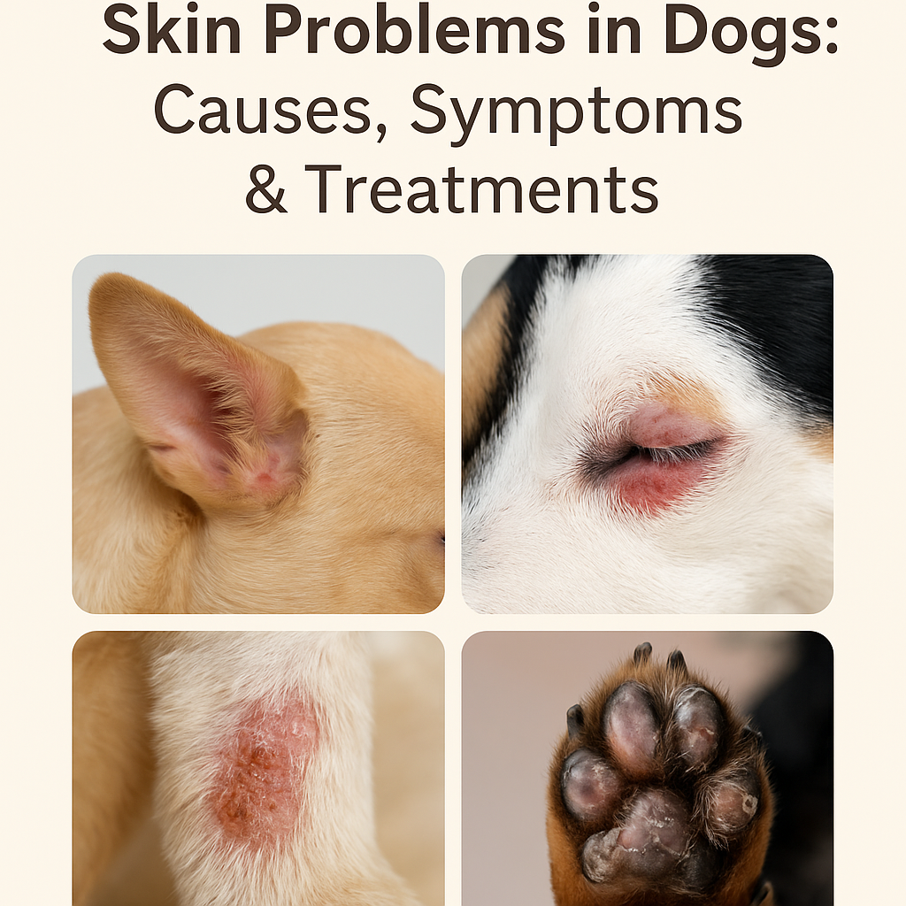 Dog skin problems infographic with title and photos of affected areas for awareness.