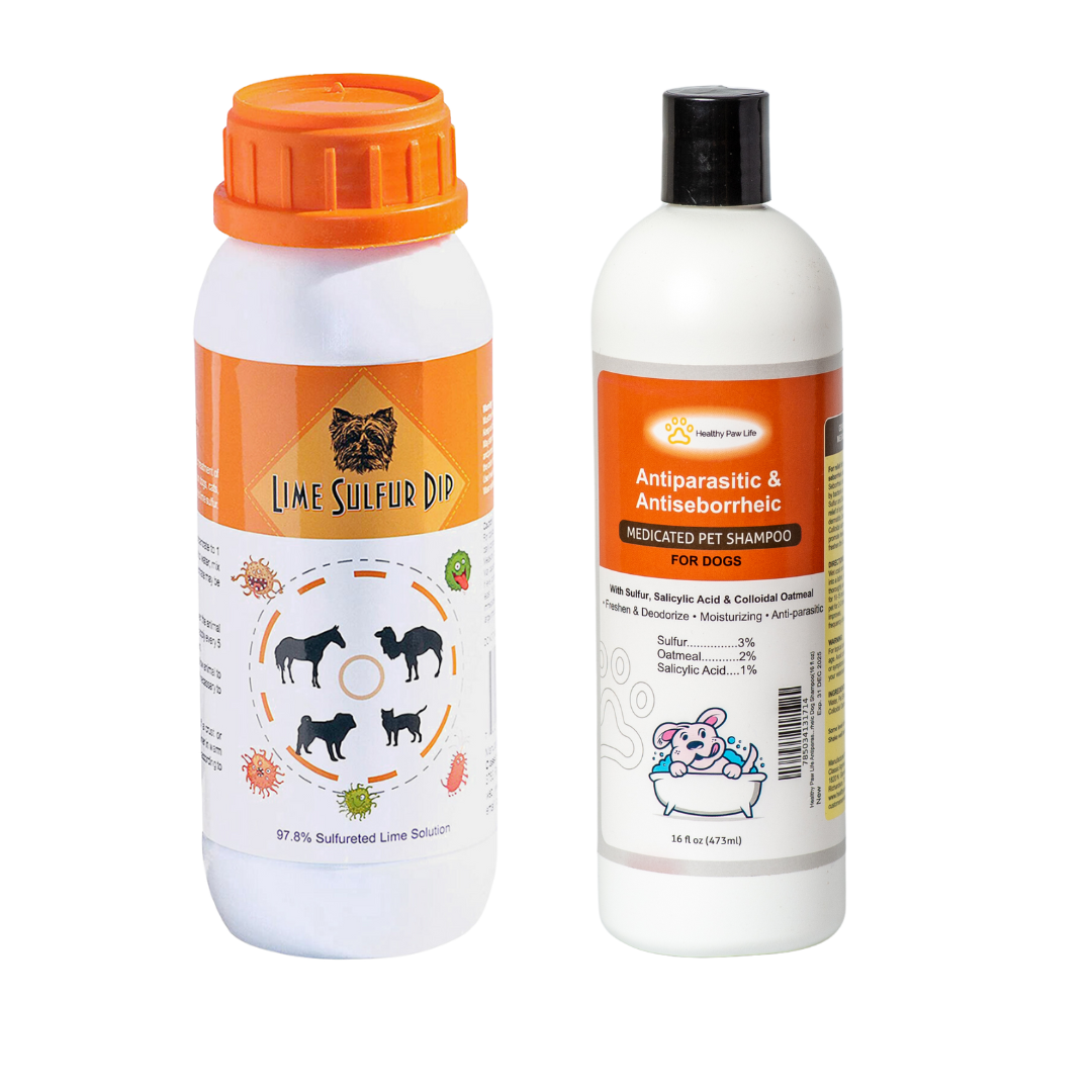 Healthy Paw Life Skin & Coat Care Combo - Lime Sulfur Dip 16 oz + Antiparasitic & Antiseborrheic Dog Shampoo 16 oz