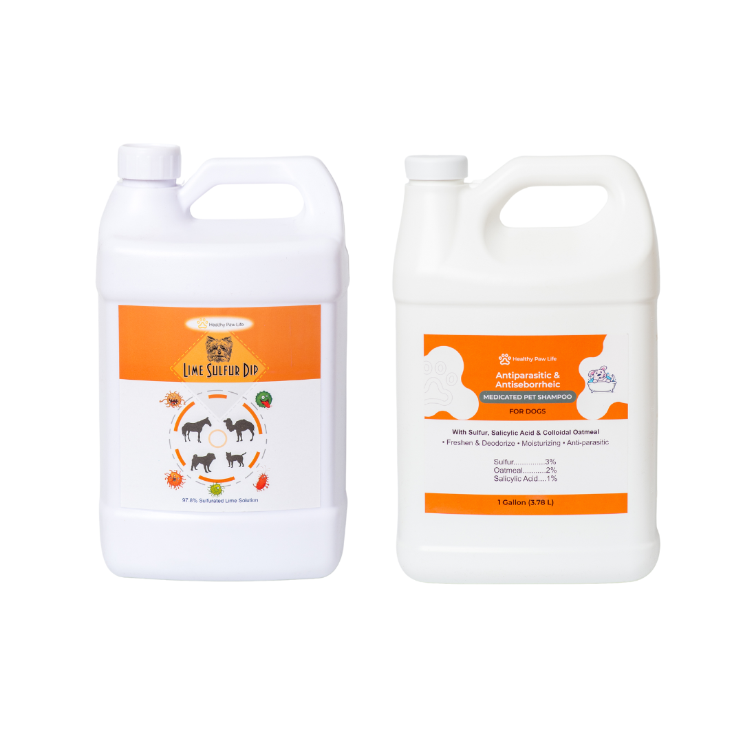 Lime Sulfur Dip and Antiparasitic & Antiseborrheic Medicated Pet Shampoo