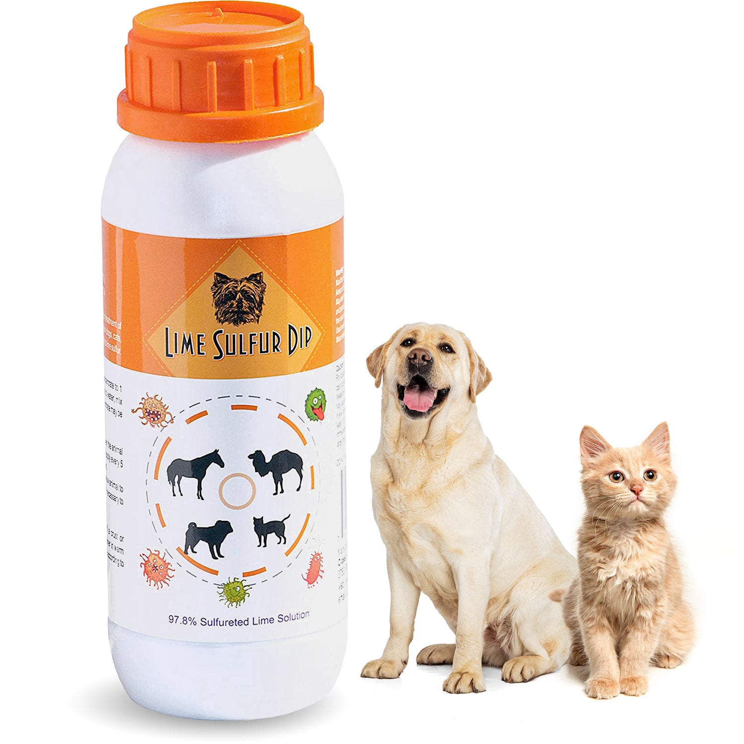 A bottle of Lime Sulfur Dip with an orange cap, featuring a label displaying images of a dog, cat, and other animals, indicating its use for pets. Next to the bottle, a Labrador Retriever and a fluffy cat are sitting side by side.