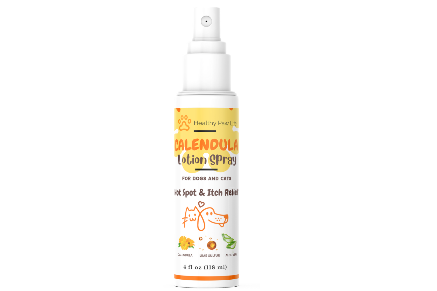 White spray bottle labeled 'Calendula Lotion Spray' for dogs and cats, designed for hot spot and itch relief, featuring calendula, lime sulfur, and aloe vera.