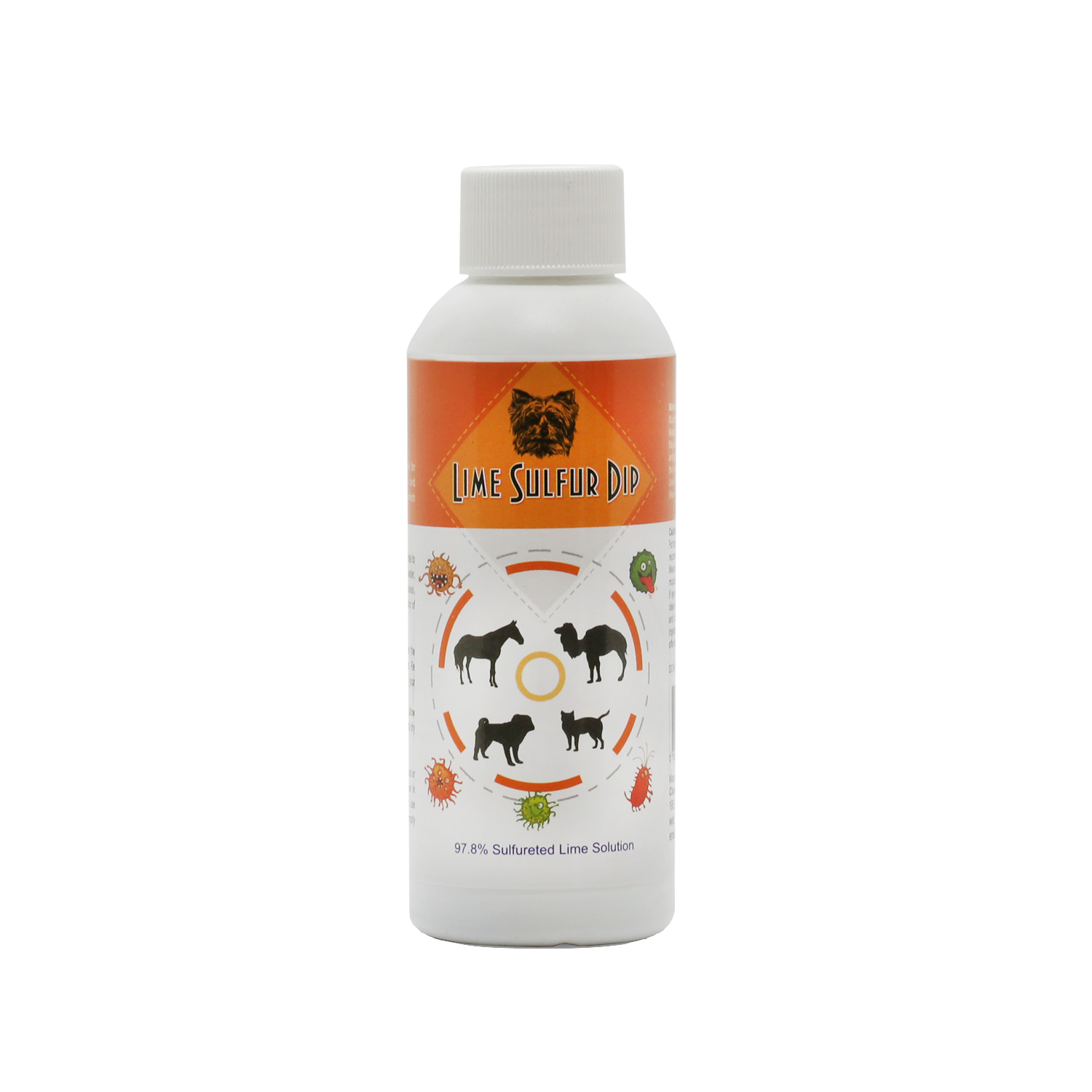 White bottle of Lime Sulfur Dip with an orange label featuring a cat logo at the top. The label includes images of a horse, sheep, and dog, along with small icons representing bacteria and mites, indicating its use for treating skin conditions in animals.