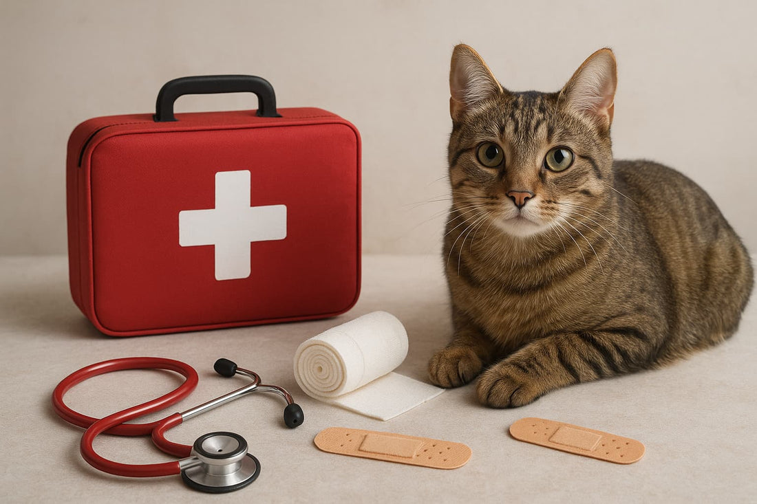 Tabby cat sitting beside a red first aid kit with medical supplies like gauze, bandages, and a stethoscope — representing essential items for cat first aid care.