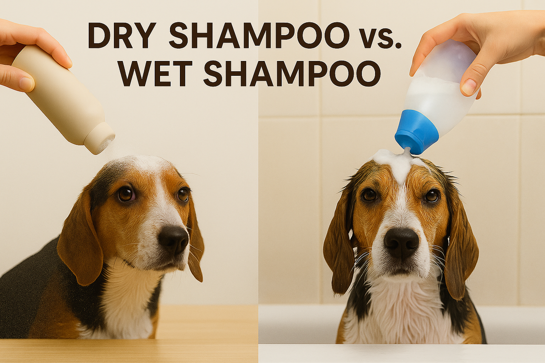 Beagle getting dry and wet shampoo treatment, side-by-side comparison