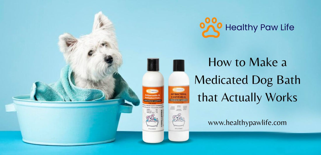 Dog in blue tub with towel and Healthy Paw Life antiparasitic and antifungal shampoos for medicated bath for dog