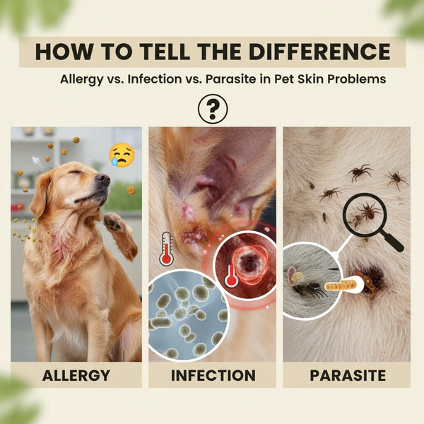 Comparison graphic showing dog allergy symptoms, infection close-up, and parasites on fur to explain differences in pet skin problems.