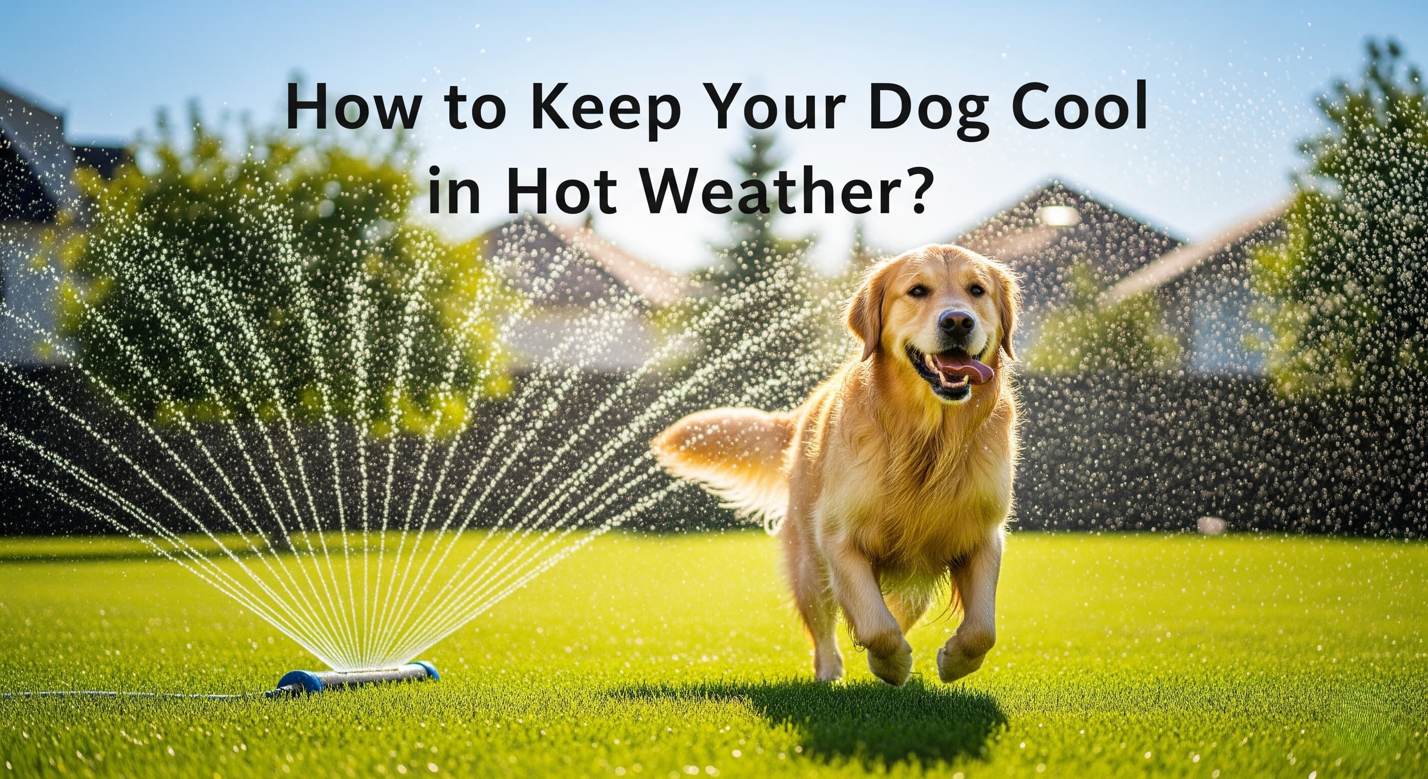 Golden Retriever playing in sprinkler to stay cool in summer heat.