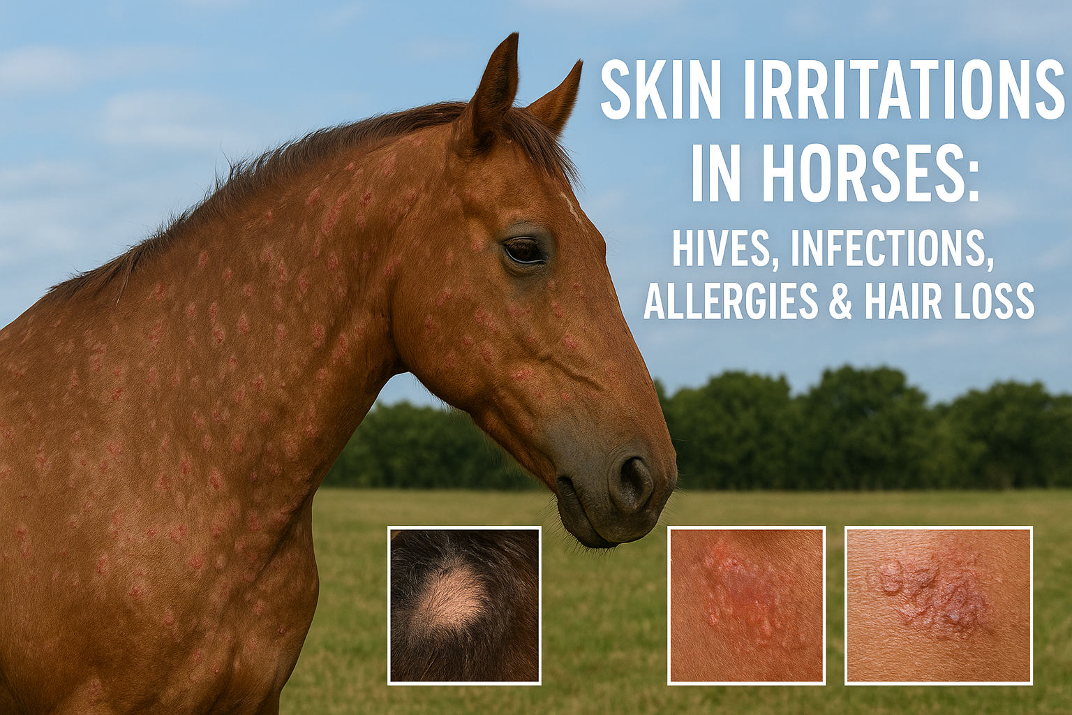 Horse with visible skin irritations and close-up frames of hives, allergies, infections, and hair loss.