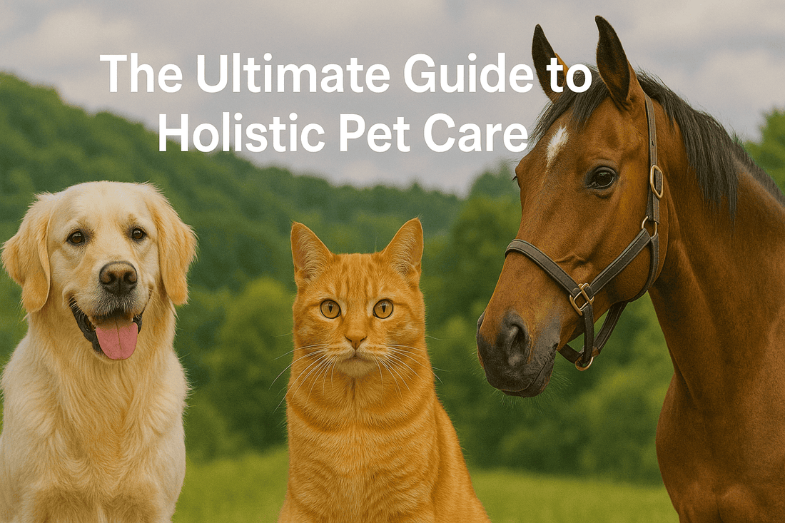 Golden retriever, cat, and horse together outdoors promoting holistic pet care.