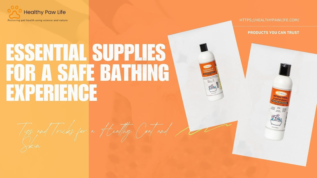 Healthy Paw Life promotional graphic showcasing antibacterial and antifungal pet shampoos for a safe bathing experience.