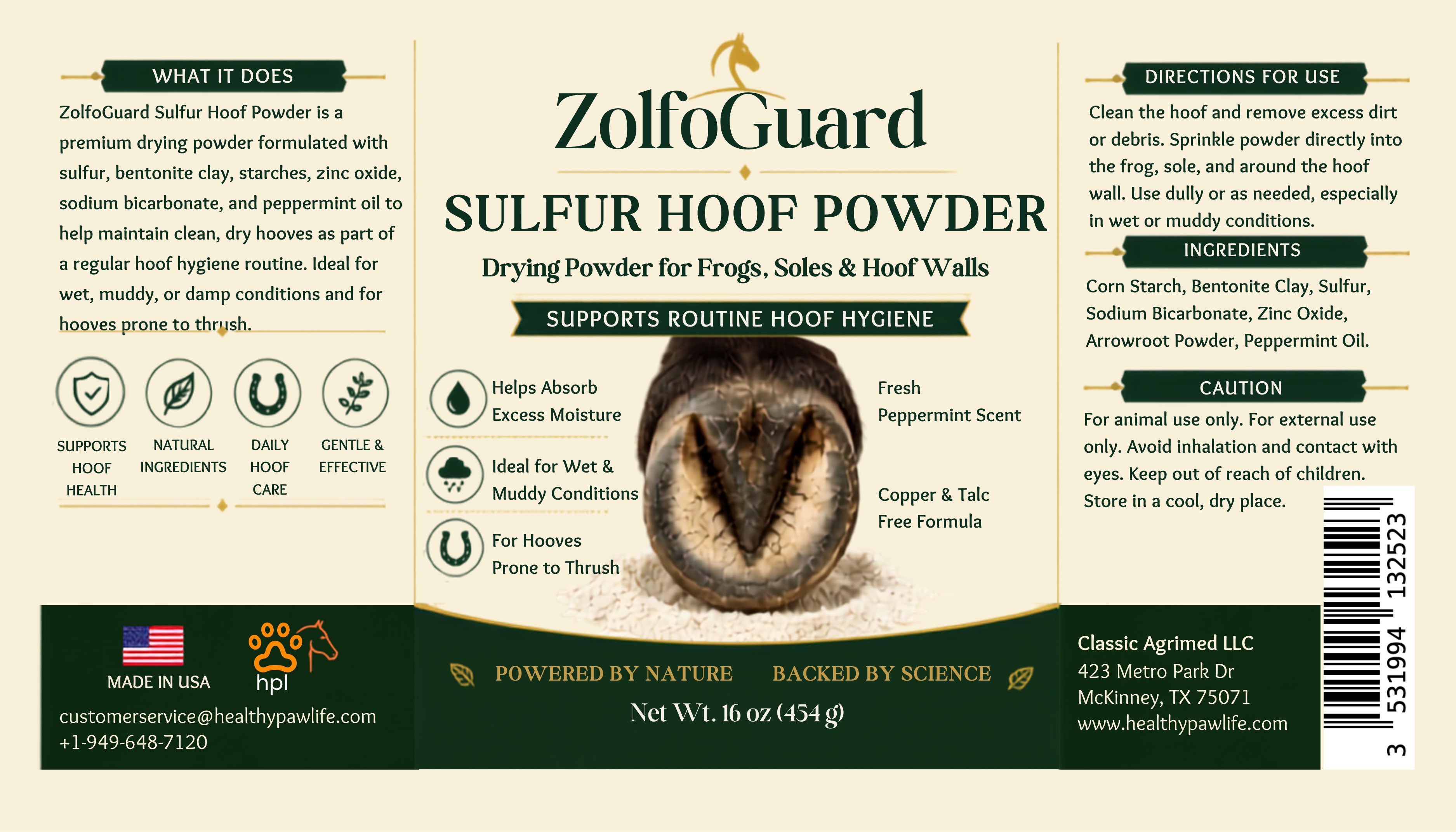 ZolfoGuard Sulfur Hoof Powder for Horses & Livestock, 16 oz – Drying Powder for Frogs, Soles & Hoof Walls – Sulfur, Bentonite Clay, Zinc Oxide & Peppermint Oil – Copper Sulfate Free, Talc Free Hoof Care