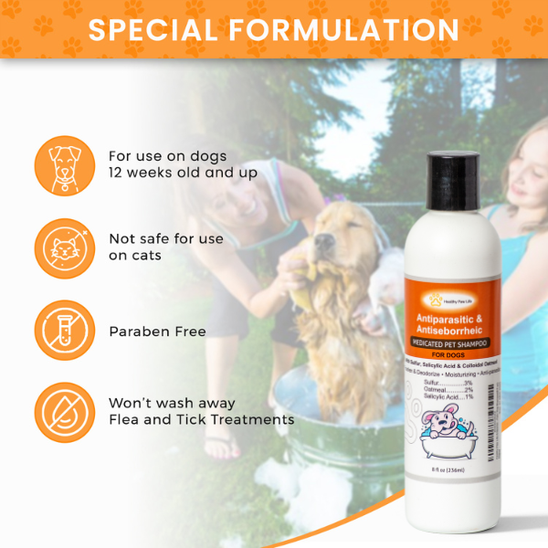 Antiparasitic and antiseborrheic pet shampoo bottle with an orange label, displayed alongside special formulation benefits for dogs.
