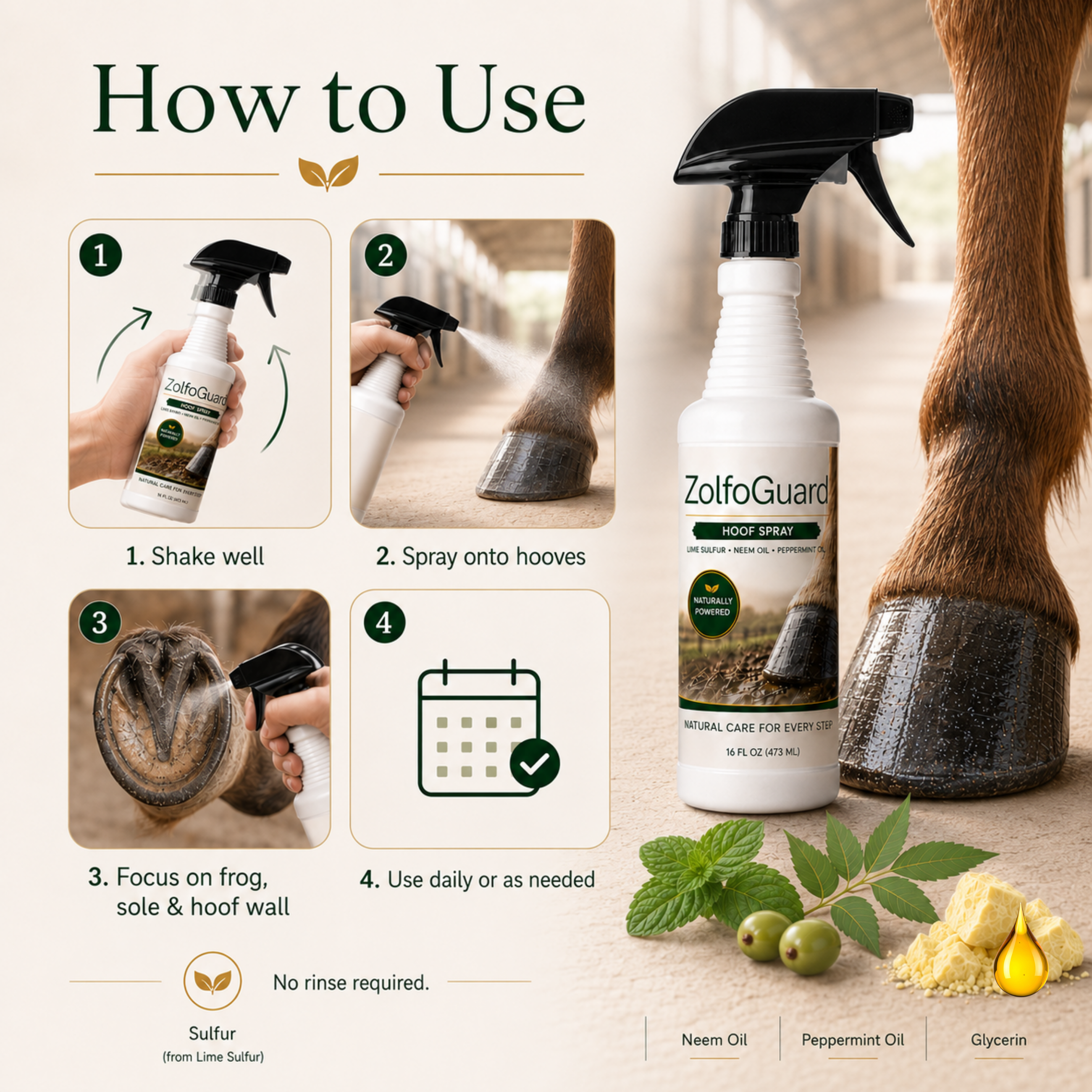 ZolfoGuard Sulfur & Neem Oil Hoof Spray for Horses & Livestock, 16 fl oz – Lime Sulfur Hoof Care Spray with Neem Oil, Peppermint Oil & Glycerin – Supports Clean Hooves, Routine Hoof Hygiene & Wet/Muddy Conditions