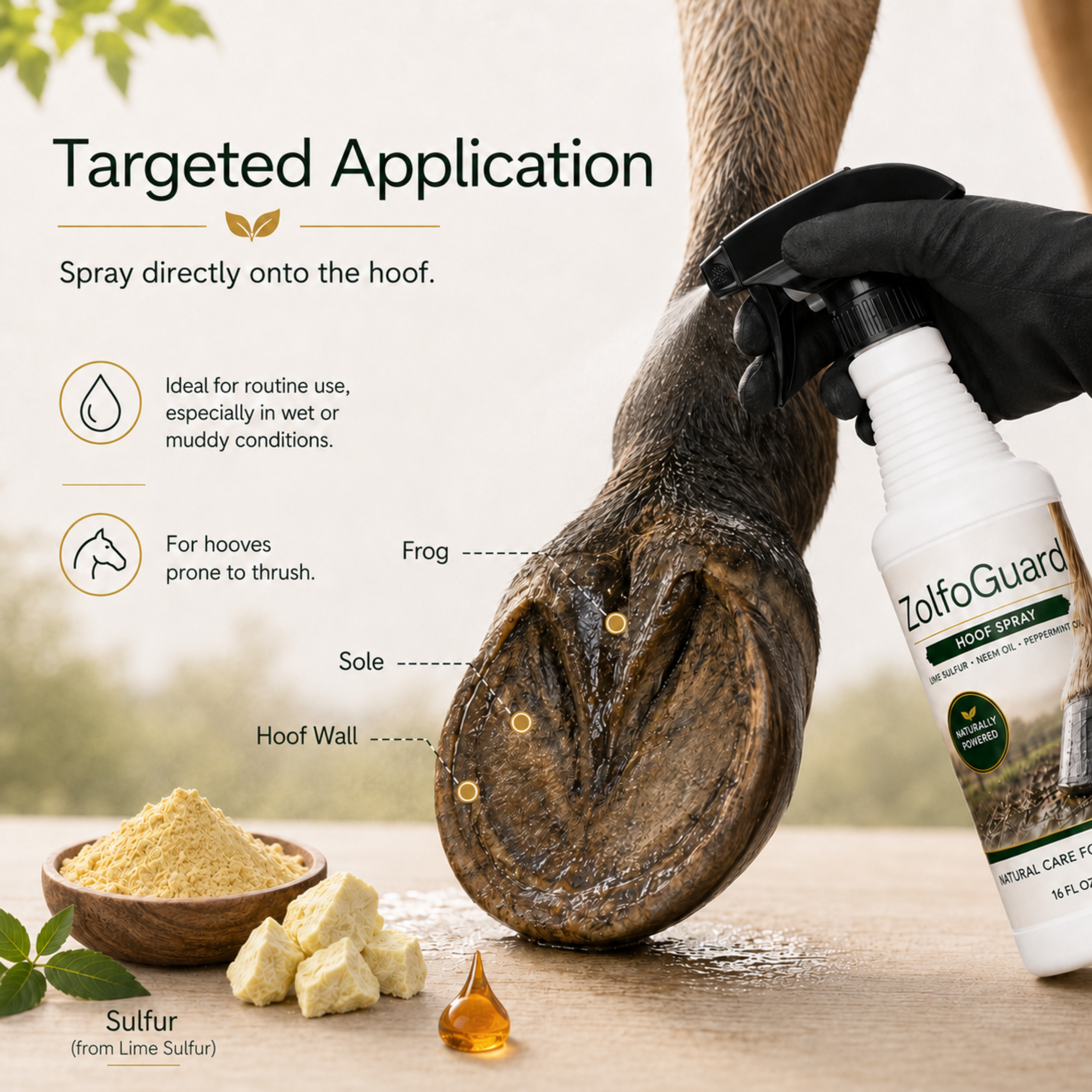 ZolfoGuard Sulfur & Neem Oil Hoof Spray for Horses & Livestock, 16 fl oz – Lime Sulfur Hoof Care Spray with Neem Oil, Peppermint Oil & Glycerin – Supports Clean Hooves, Routine Hoof Hygiene & Wet/Muddy Conditions