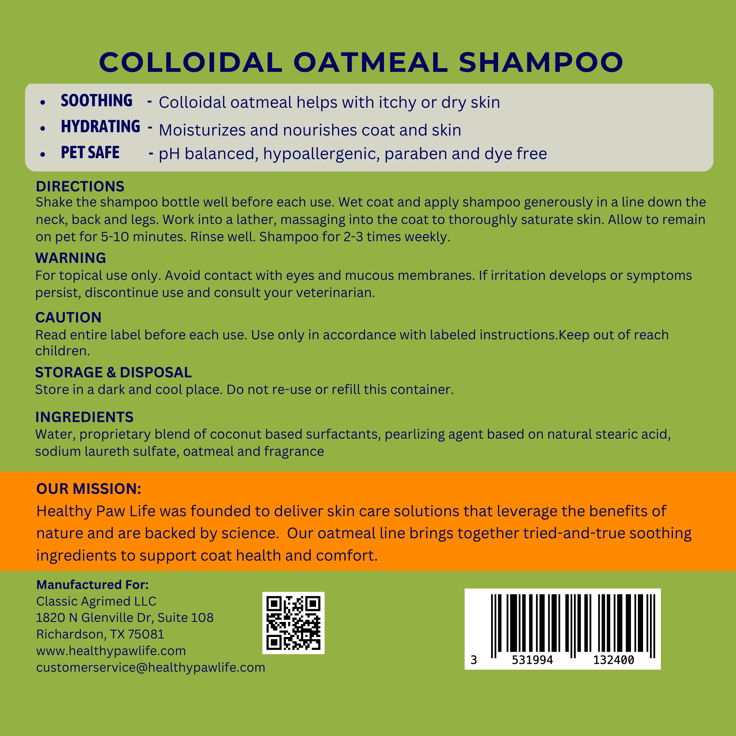 Oatmeal Shampoo – Vet-Recommended Itch Relief for Dogs, Cats & Horses – Hypoallergenic, Moisturizing & Deodorizing – 1 Gallon – Made in USA