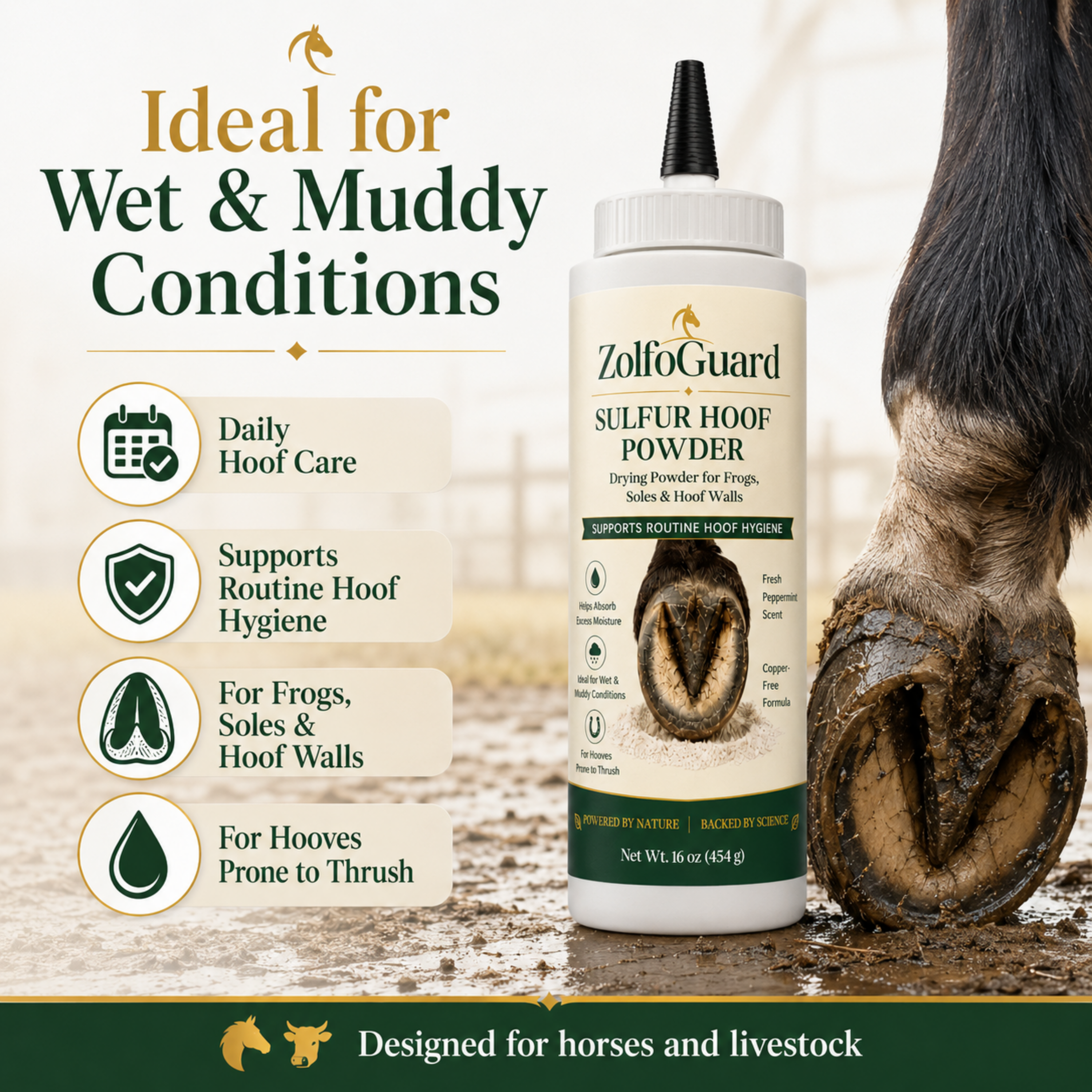 ZolfoGuard Sulfur Hoof Powder for Horses & Livestock, 16 oz – Drying Powder for Frogs, Soles & Hoof Walls – Sulfur, Bentonite Clay, Zinc Oxide & Peppermint Oil – Copper Sulfate Free, Talc Free Hoof Care