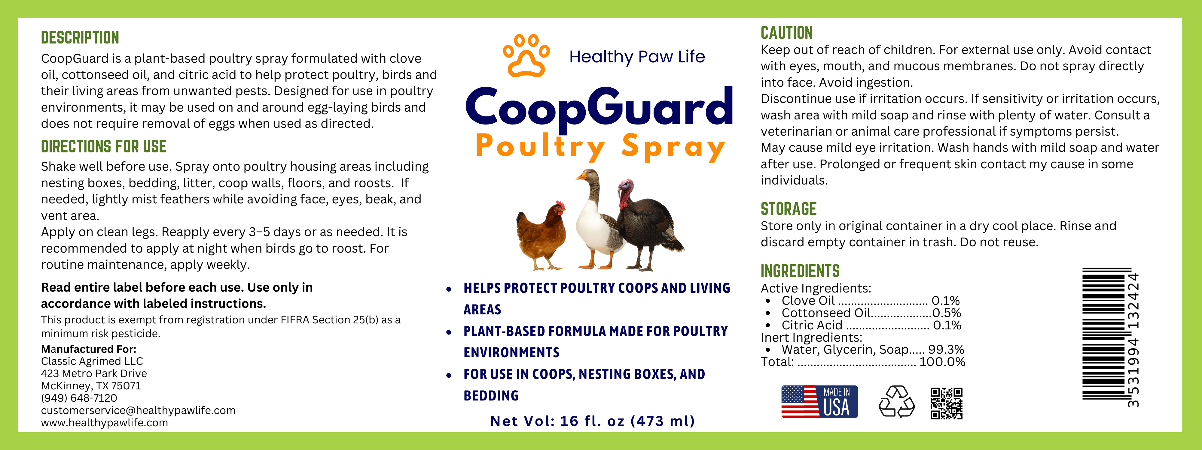CoopGuard Poultry Spray – Plant-Based Poultry Housing Care for Coops, Nesting Boxes & Bedding – Natural Essential Oils - No Egg Withdrawl