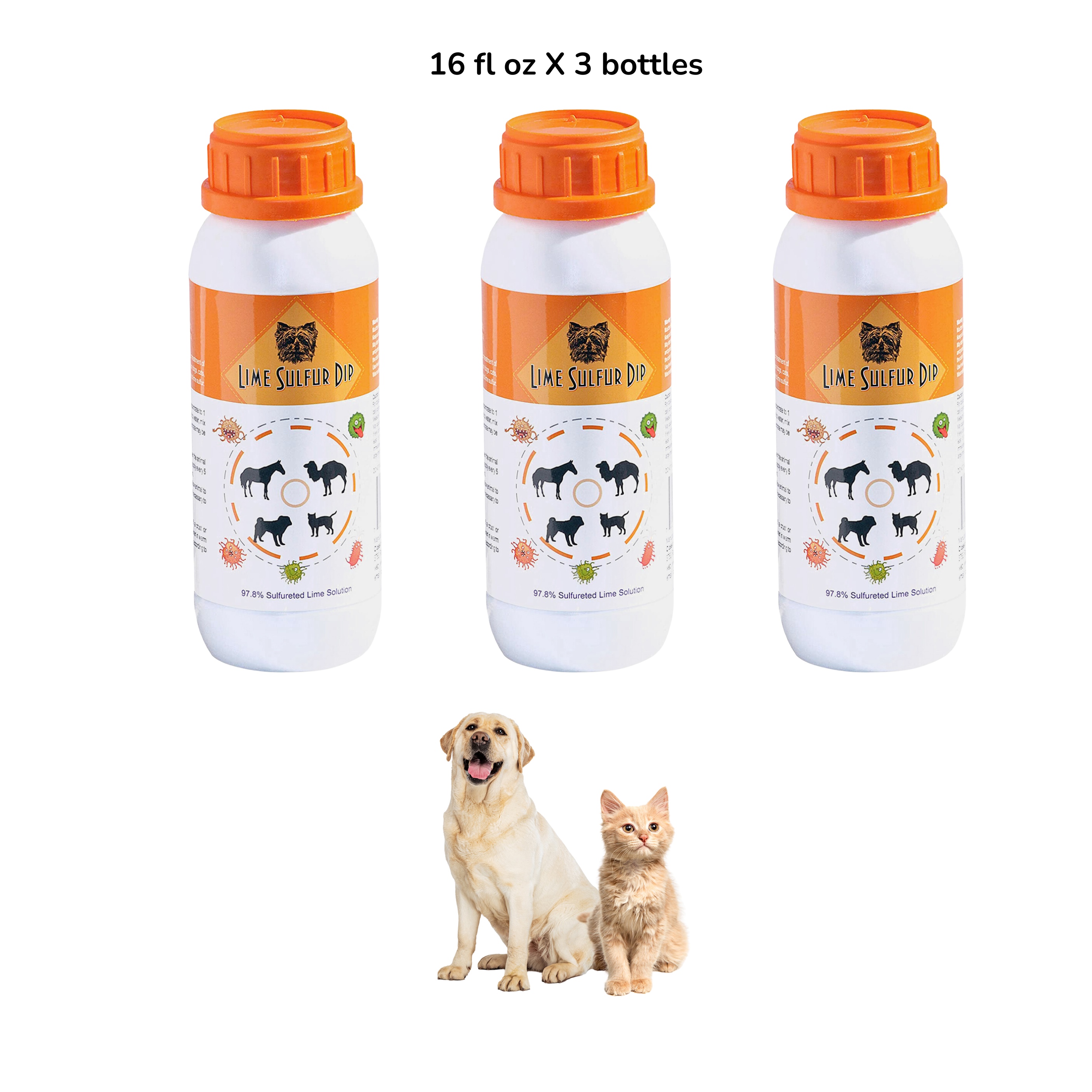 Three 16 fl oz bottles of Lime Sulfur Dip with orange caps and labels featuring a cat logo and animal icons. Below the bottles, a Labrador Retriever and an orange tabby cat are sitting, indicating the product's suitability for pet skin care.