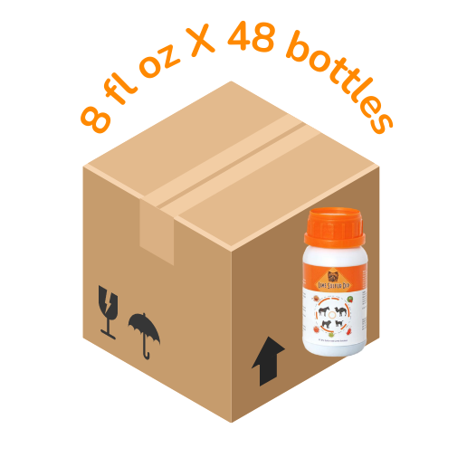 An illustration of a brown cardboard shipping box with fragile and handling symbols on the side. Next to the box is a smaller white bottle with an orange cap and a pet-related label. Above the box, the text '8 fl oz X 48 bottles' is written in an orange curved font.