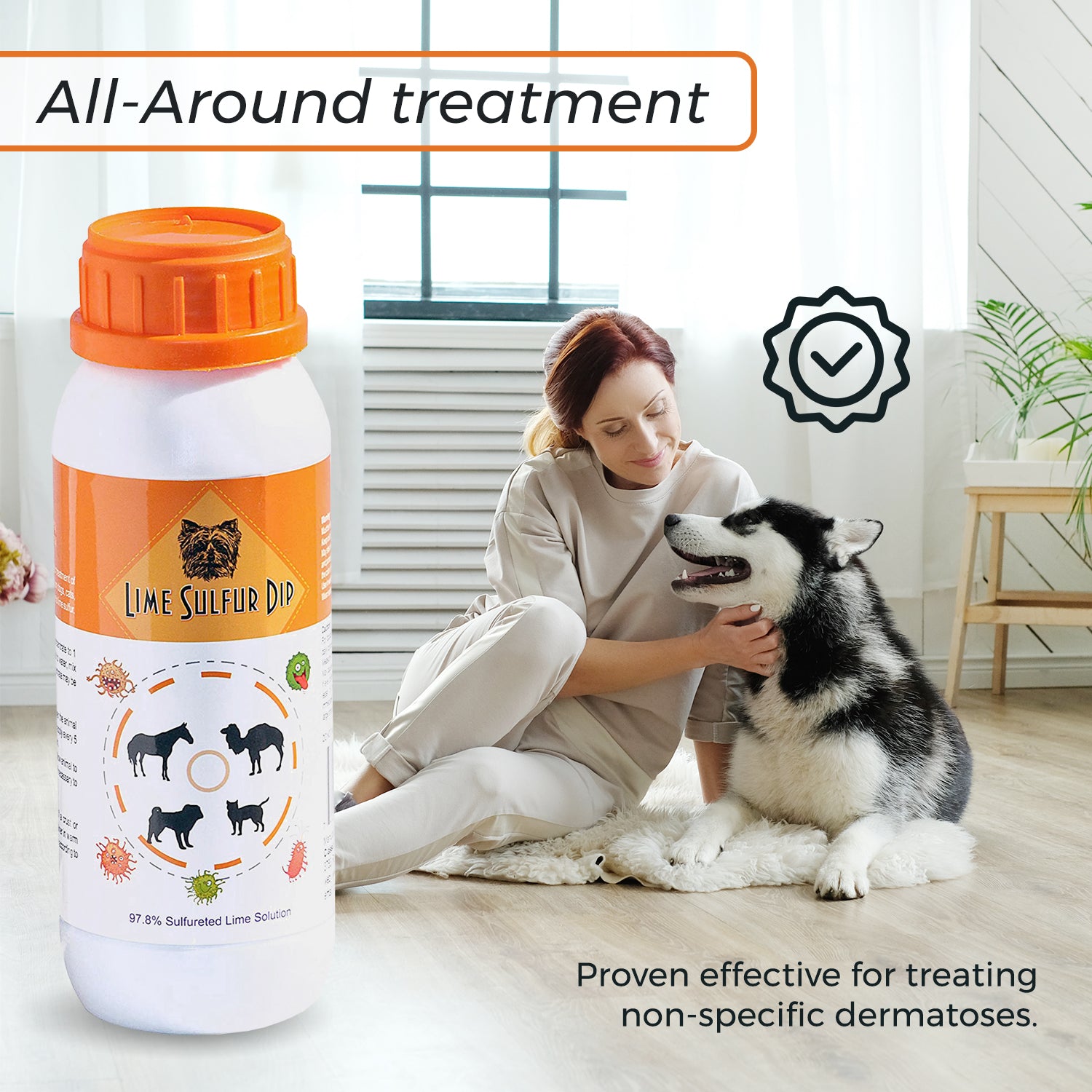Smiling woman sitting on the floor petting a happy Siberian Husky, with a bottle of Lime Sulfur Dip in the foreground. Text highlights its effectiveness in treating non-specific dermatoses.
