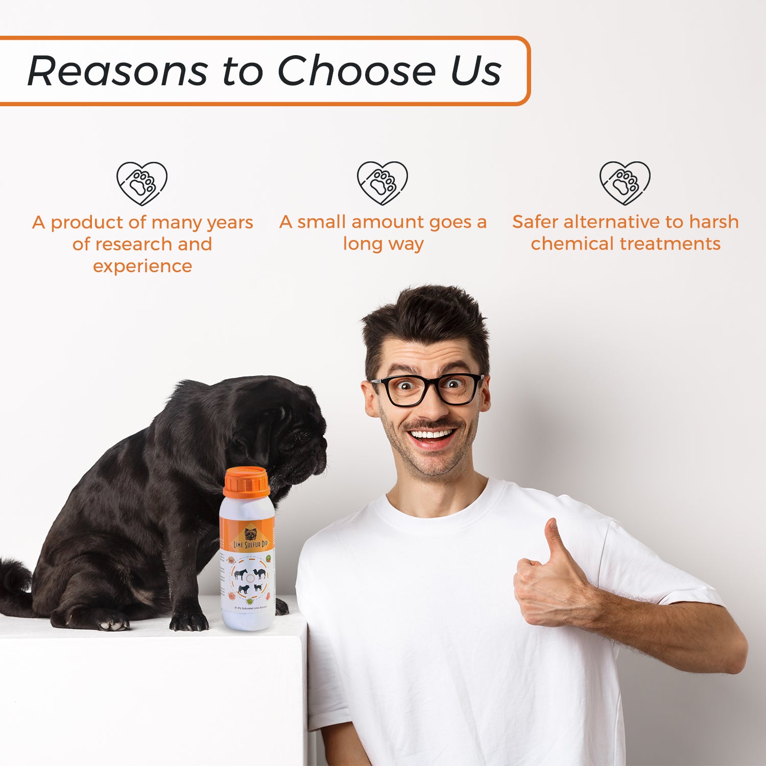 A promotional image titled 'Reasons to Choose Us' listing benefits such as being a product of many years of research and experience, requiring only a small amount for effectiveness, and offering a safer alternative to harsh chemical treatments.