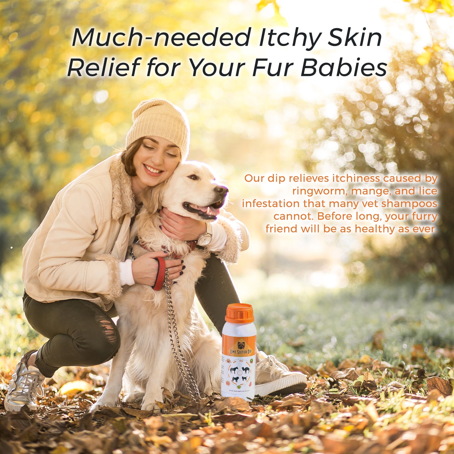 Image of a smiling woman in a beige winter outfit hugging her happy Golden Retriever outdoors in a sunlit autumn setting. A bottle of pet care product, Lime Sulfur Dip, is placed nearby. Text on the image highlights the product's benefits for relieving itchy skin caused by ringworm, mange, and lice infestation in pets.