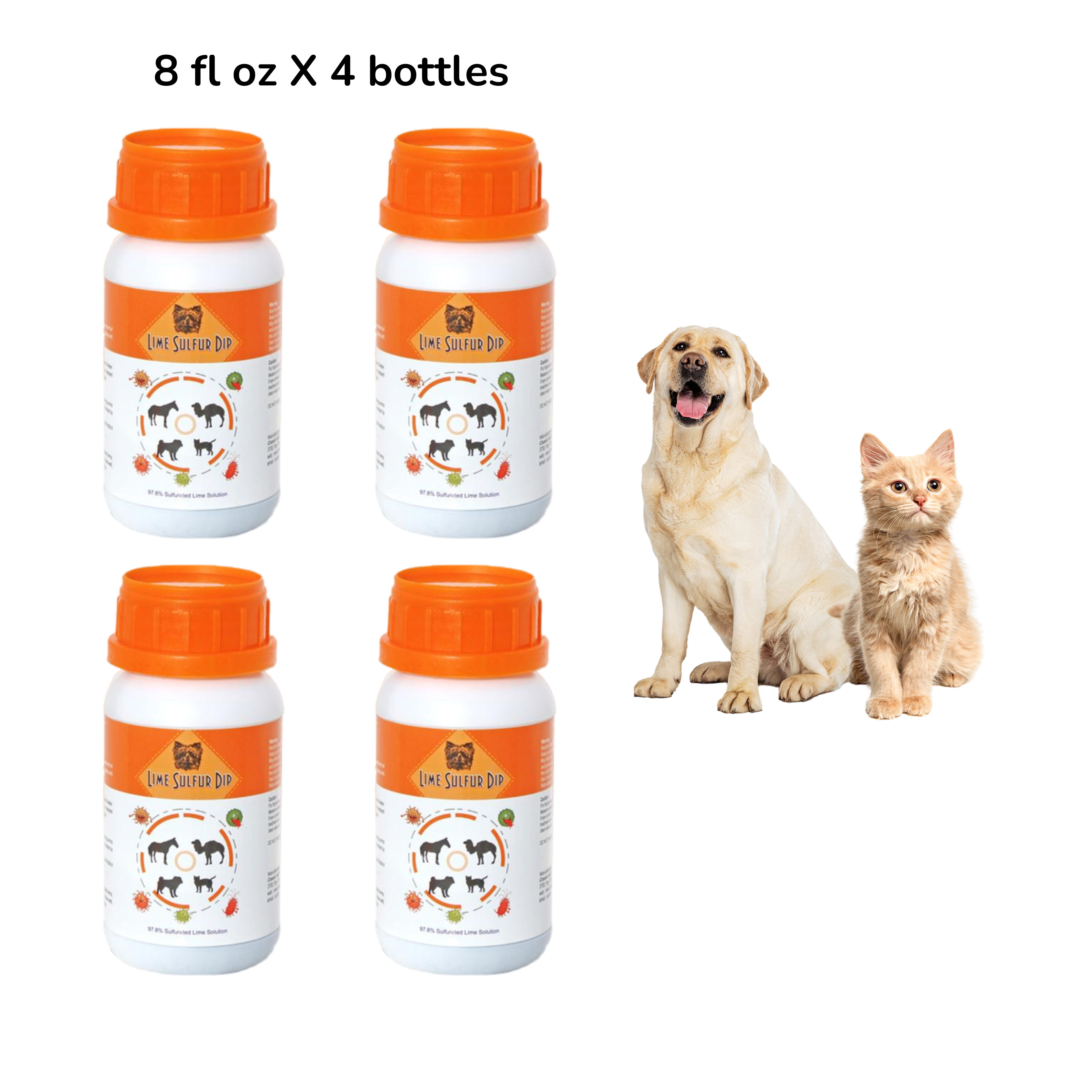 Four bottles of Lime Sulfur Dip, each 8 fl oz, with orange caps and labels featuring a cat logo and animal icons. A happy Labrador Retriever and an orange tabby cat sit beside the bottles, indicating the product's use for pet skin care.