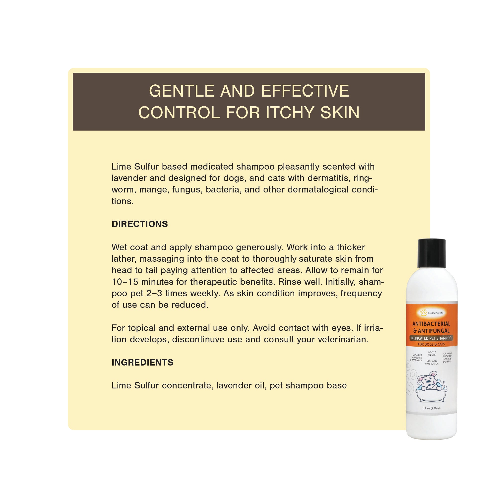 An informational graphic about a lime sulfur pet shampoo for itchy skin relief. It highlights benefits for dogs and cats, usage directions, and key ingredients. A shampoo bottle image is included.
